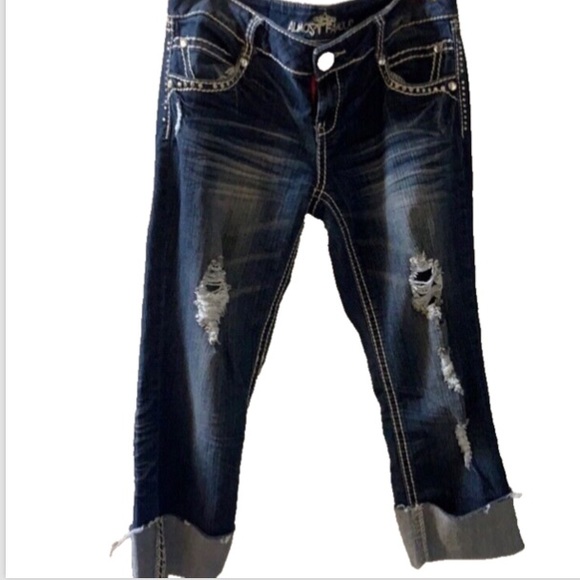 Y2K ALMOST FAMOUS CAPRIS BLUE JEANS 13 DISTRESSED CROPPED BLING STITCHING DENIM - Picture 2 of 13